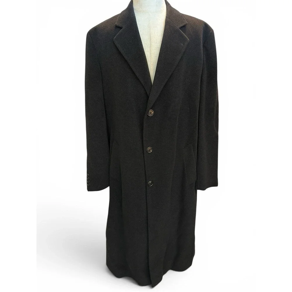 CHAPS Ralph Lauren Men's Cashmere Wool Overcoat Black L 46 Long 3 Button Italy